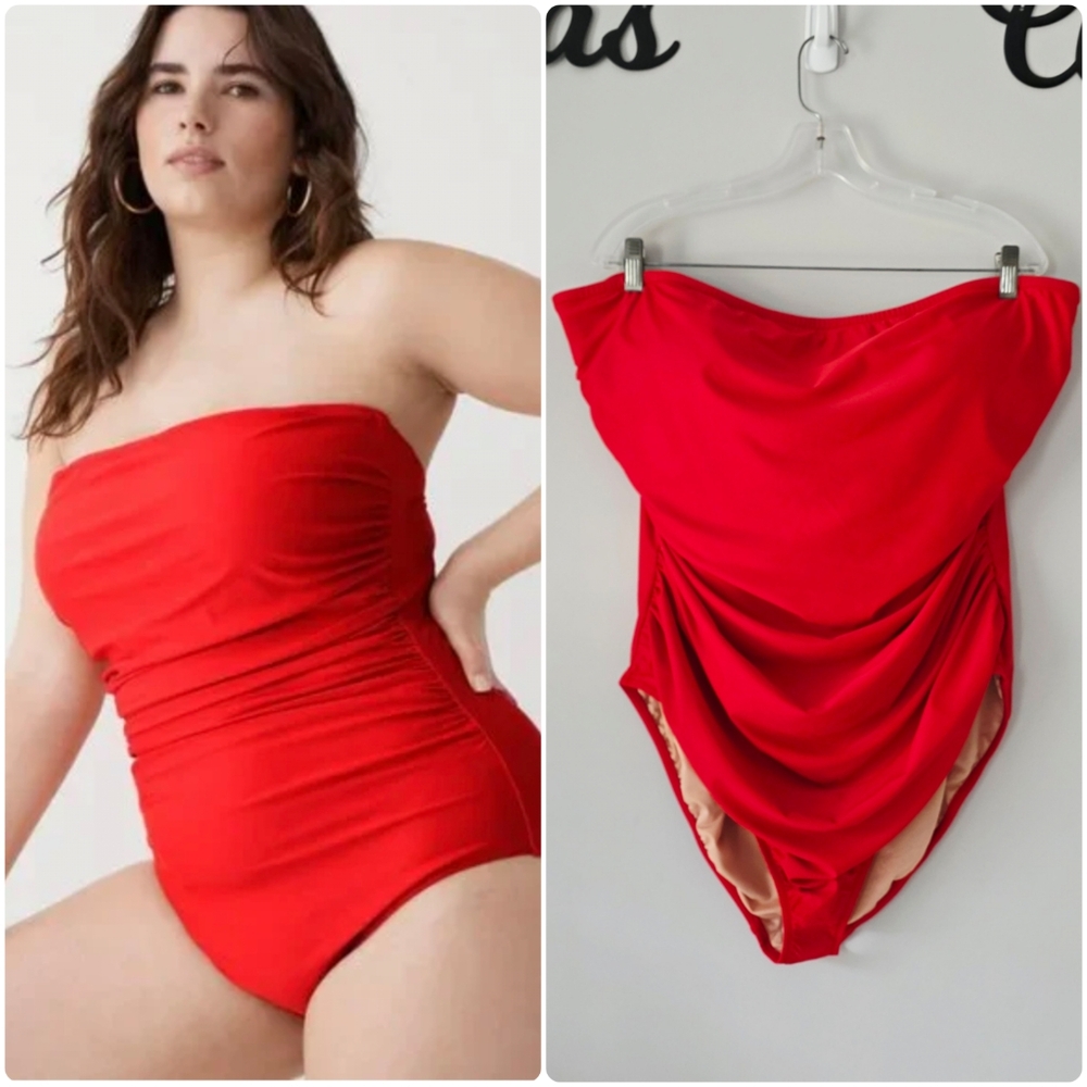 NWT J. Crew Ruched Bandeau One-Piece Swimsuit in Bright Cerise Red Size 22